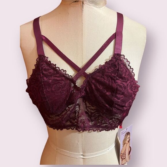 Seven til Midnight Merlot Lace Bralette with Lattice Back Sz 1X - Picture 2 of 3